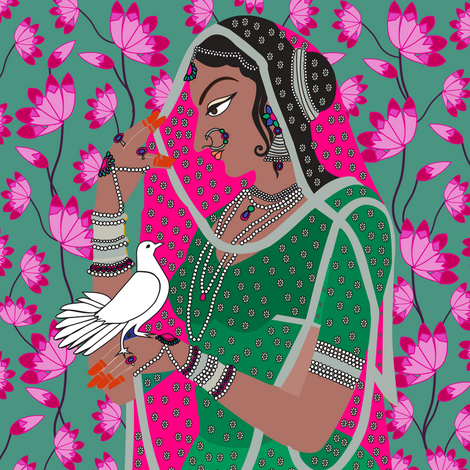 Green &amp; Pink Lotus Pichwai Diwali