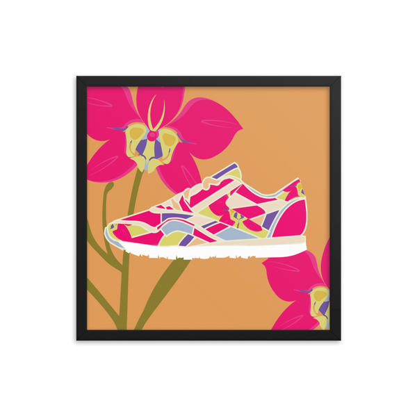 Orchid Sneaker Orange Background - (Framed)