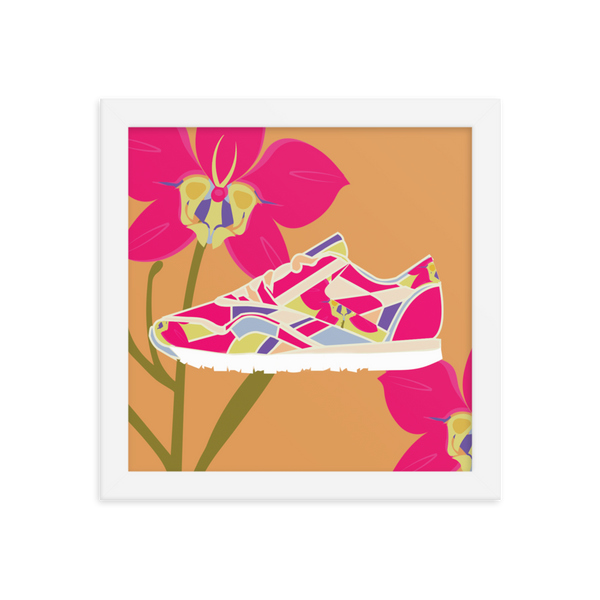 Orchid Sneaker Orange Background - (Framed)