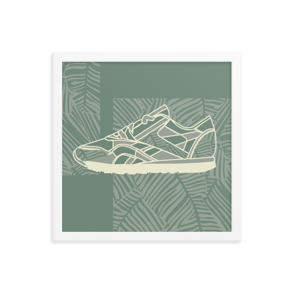 Leafy Pattern Sneaker with Dark Green Background - (Framed)