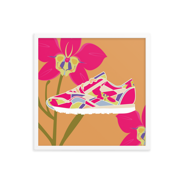 Orchid Sneaker Orange Background - (Framed)