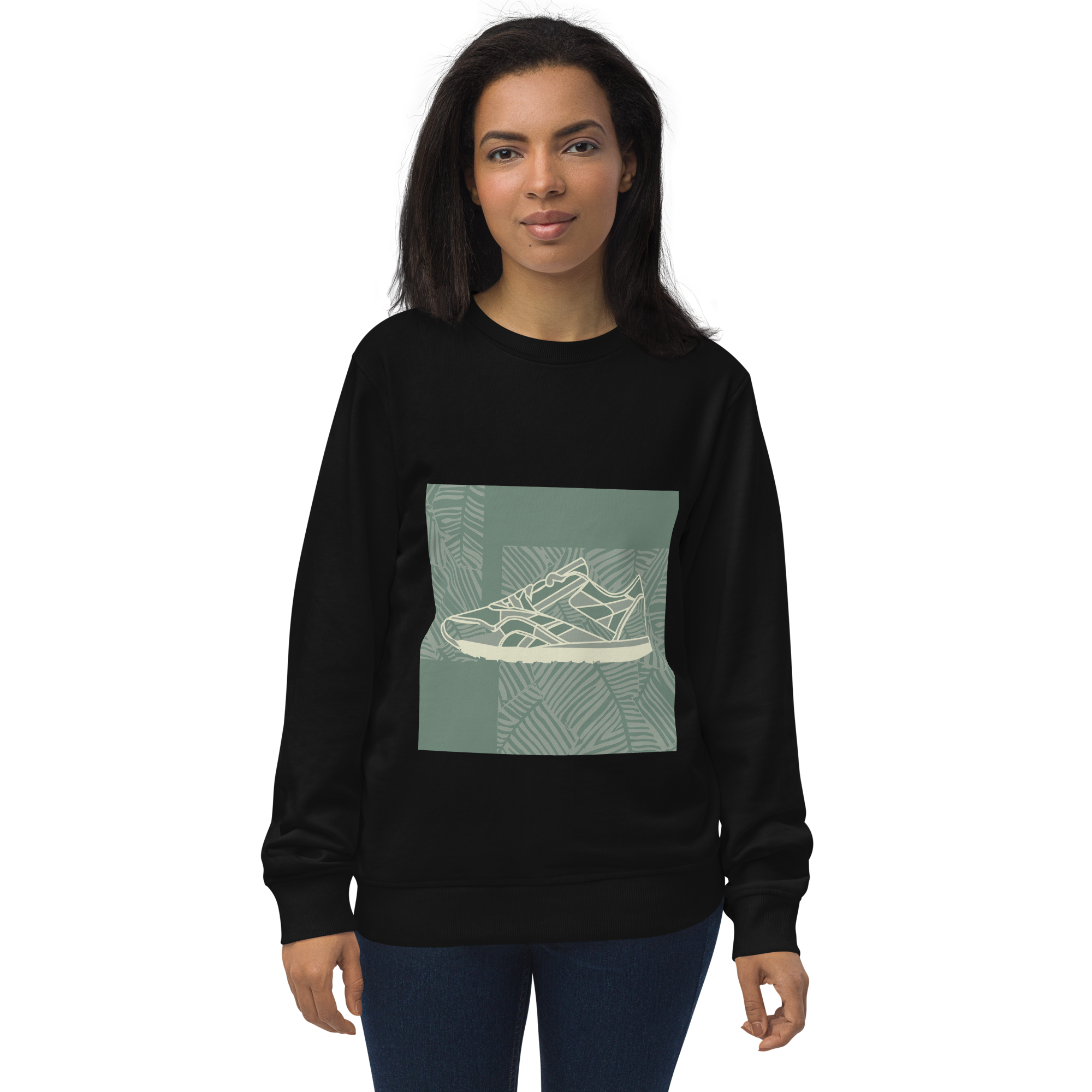 Leafy Pattern Sneaker with Dark Green Background - Unisex organic sweatshirt