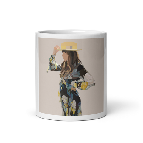 Floral Hipster - Solid Tan Background - (White glossy mug)